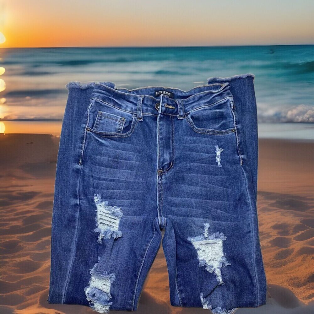 VINTAGE Elite Jeans Stretchy GIRLS Size 3/26 Ripped Front Skinny Fit Denim Clean